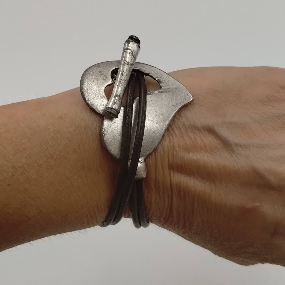 Brown double wrap rough silver accent cuff bracelet